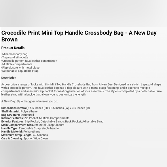 Crocodile Print Mini Top Handle Crossbody Bag - A New Day Brown - Picture 7 of 7